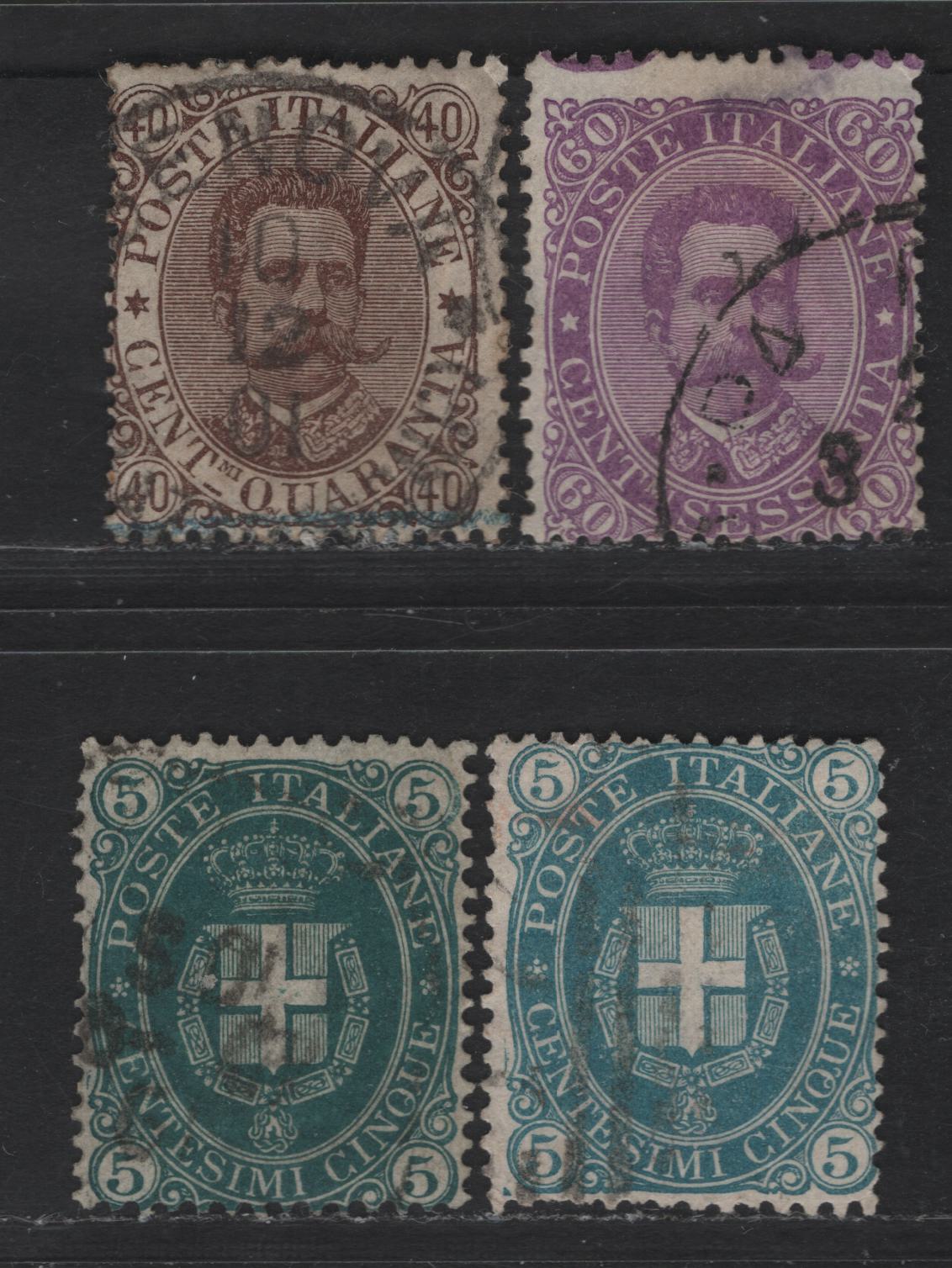 Lot 174 Italy SC#52-53, 55 5c, 40c & 60c Dark Green, Blue Green, Brown & Violet Humbert I, 1889 Humbert I Issue, 4 Very Good Used Singles