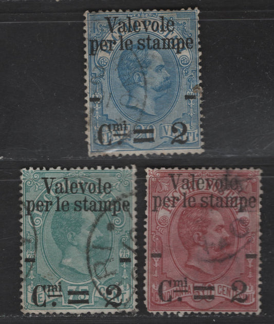 Lot 177 Italy SC#59-61 2c on 20c - 75c Blue - Blue Green Humbert I, 1890 Surcharged Parcel Post Issue, 3 Fine Used Singles
