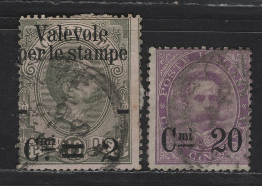 Lot 178 Italy SC#58, 66 2c on 10c - 20c on 50c Olive Gray - Violet Humbert I, 1890-1891 Surcharged Parcel Post Issue, 2 Very Good Used Singles