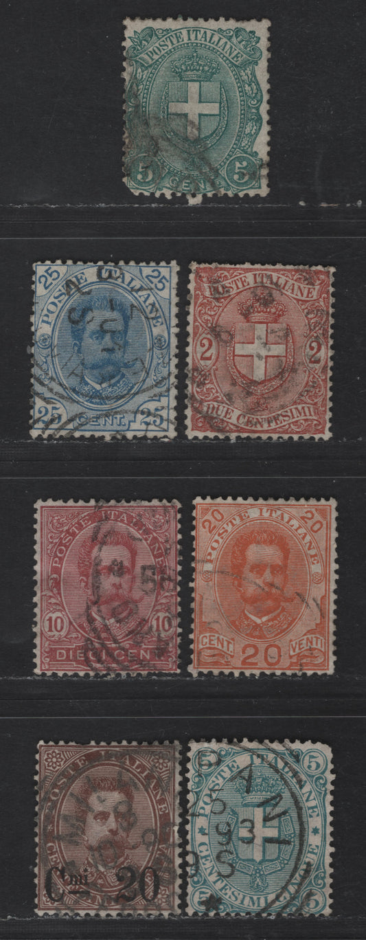 Lot 181 Italy SC#65, 67-70, 74-75 20c on 30c - 5c Brown - Green Humbert I & Arms, 1891-1896 Humbert I & Arms Issue, 7 Fine Used Singles