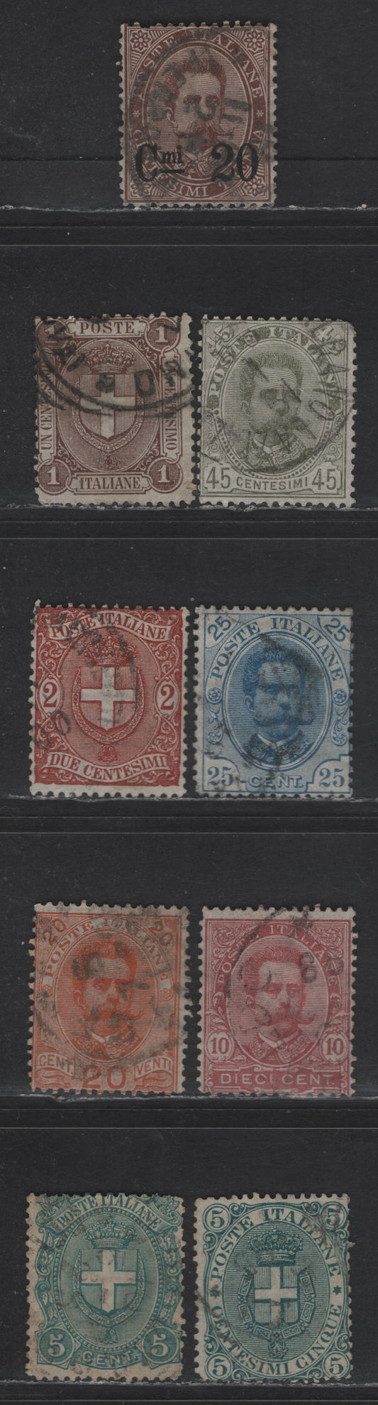 Lot 184 Italy SC#65, 67-71, 73-75 20c on 30c - 5c Brown - Green Humbert I & Arms, 1891-1896 Humbert I & Arms Issue, 9 Very Good Used Singles