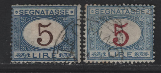 Lot 190 Italy SC#J17-J18 5l Blue & Brown - Blue & Magenta Numeral, 1870-1925 Postage Dues, 2 Very Good Used Singles, Early & Late Printings