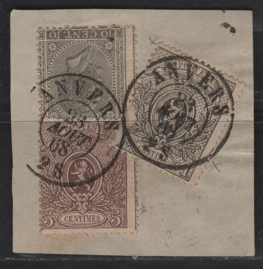 Lot 19 Belgium SC#18, 26b, 24a 10c - 5c Slate - Brown Leopold I & Arms, 1865-1867 Leopold I & Arms Issue, 3 Very Good Used Singles On Piece, Tied By 1868 Anvers CDS