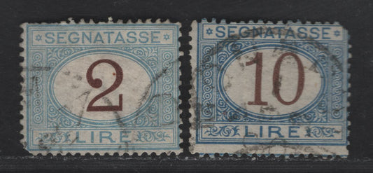 Lot 191 Italy SC#J15, J19 2l & 10l Light Blue & Brown - Blue & Brown Numeral, 1870-1925 Postage Dues, 2 Very Good Used Singles, Early Printings