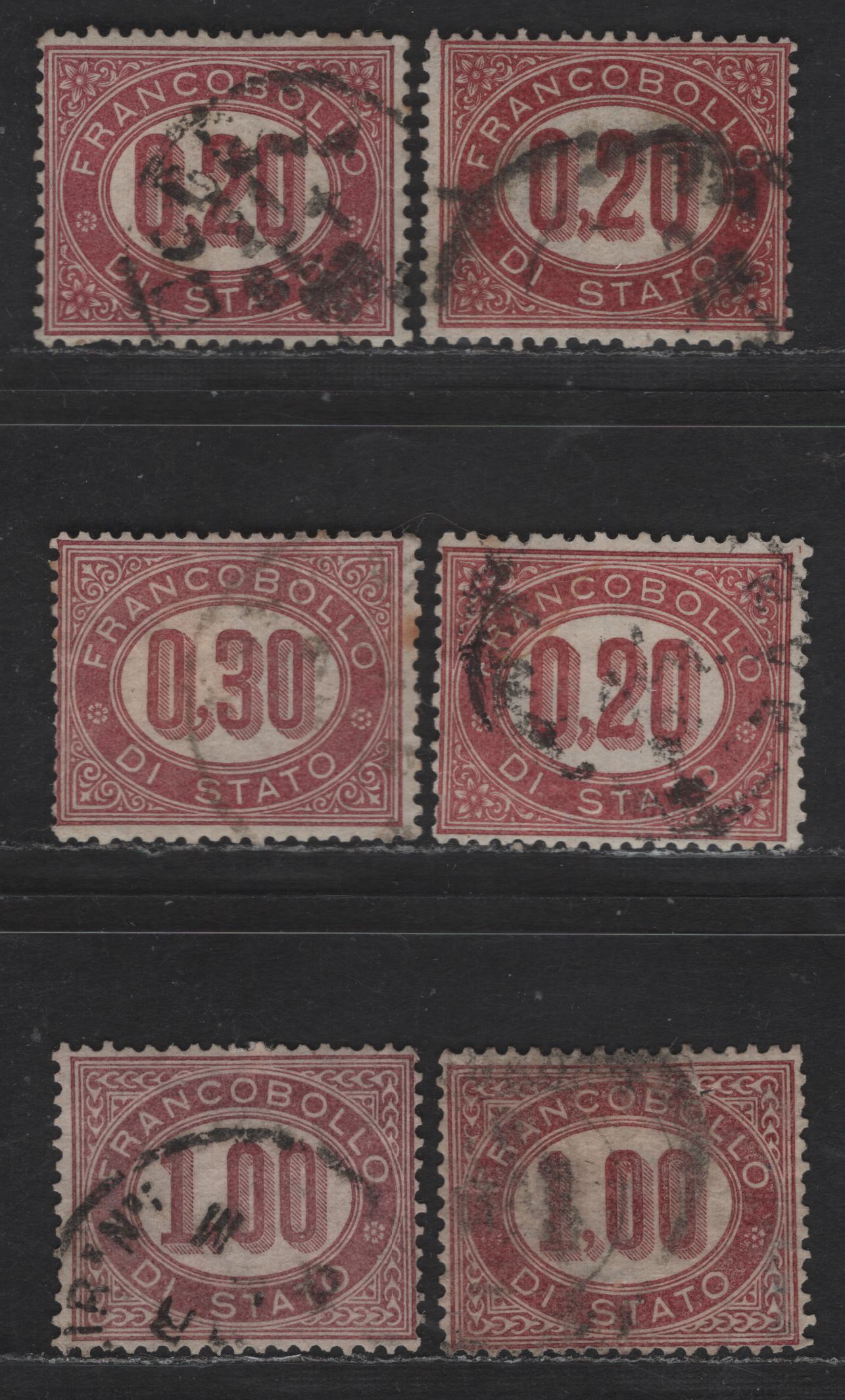 Lot 192 Italy SC#O3-O5 20c - 1l Lake Numeral, 1875 Official Issue, 6 Fine Used Singles