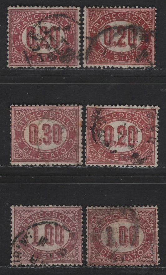 Lot 192 Italy SC#O3-O5 20c - 1l Lake Numeral, 1875 Official Issue, 6 Fine Used Singles