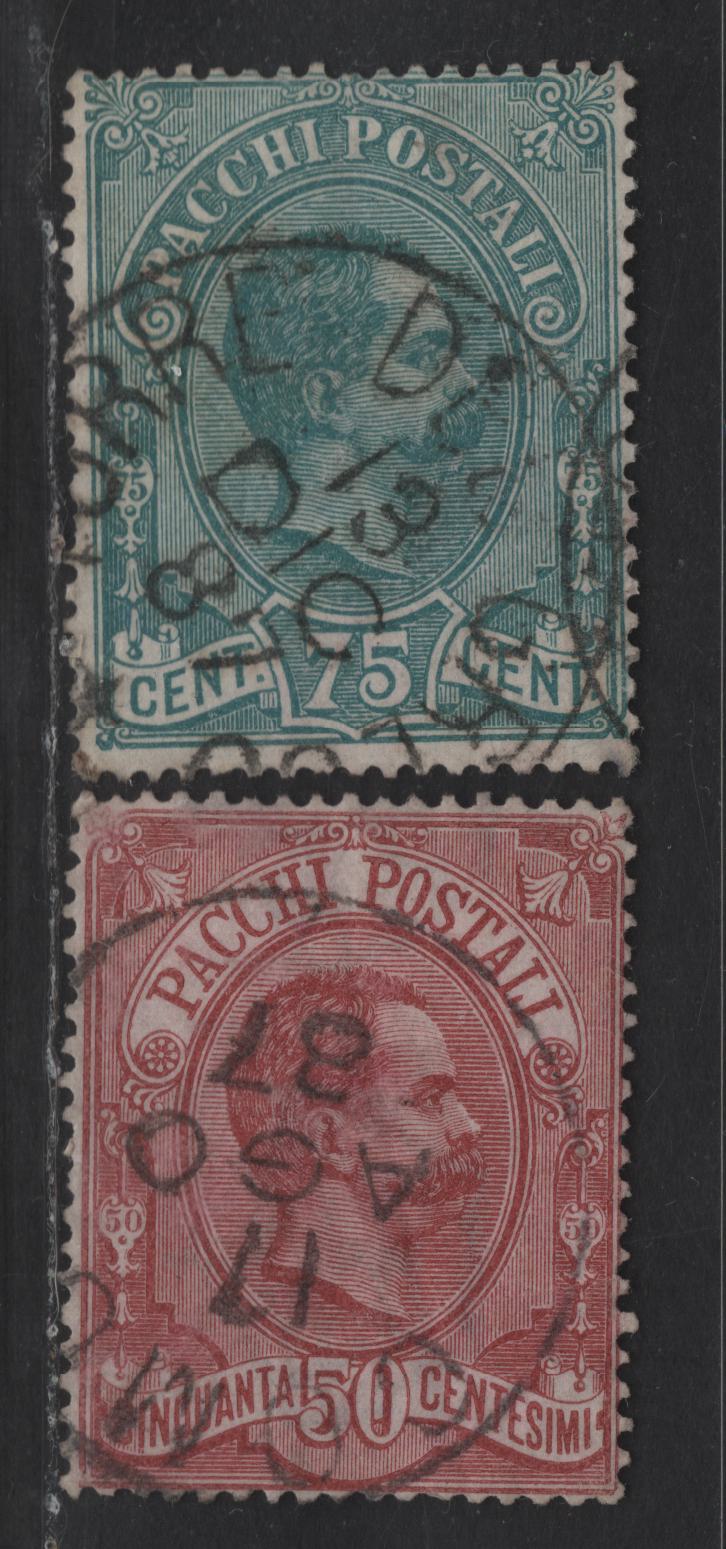 Lot 195 Italy SC#Q3-Q4 50c & 75c Claret & Blue Humbert I, 1884-1886 Parcel Post Issue, 2 Very Good/Fine Used Singles