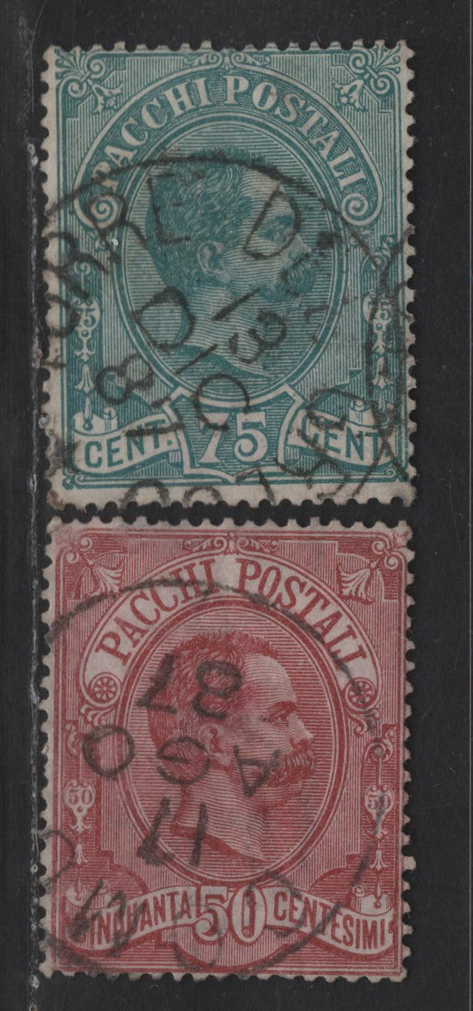 Lot 195 Italy SC#Q3-Q4 50c & 75c Claret & Blue Humbert I, 1884-1886 Parcel Post Issue, 2 Very Good/Fine Used Singles