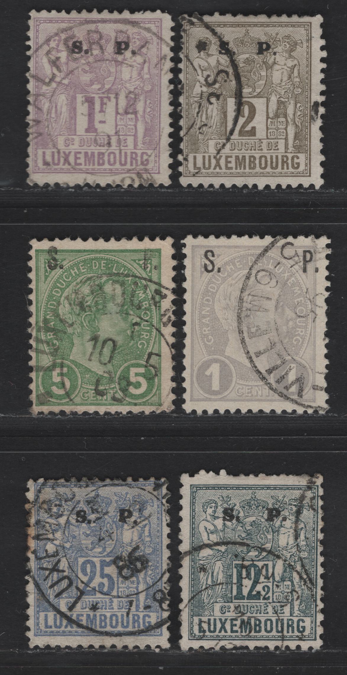 Lot 196 Luxembourg SC#O53, O62, O75, O78, O59, O57 25c - 2c Blue - Gray Arms, 1882-1895 Official Overprinted Issue, 6 Fine/Very Fine Used Singles