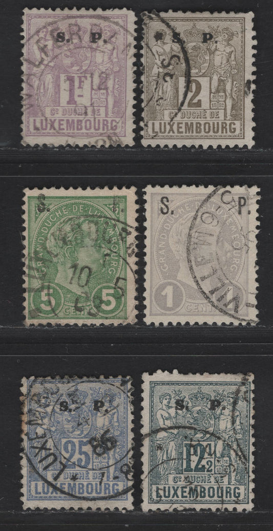 Lot 196 Luxembourg SC#O53, O62, O75, O78, O59, O57 25c - 2c Blue - Gray Arms, 1882-1895 Official Overprinted Issue, 6 Fine/Very Fine Used Singles
