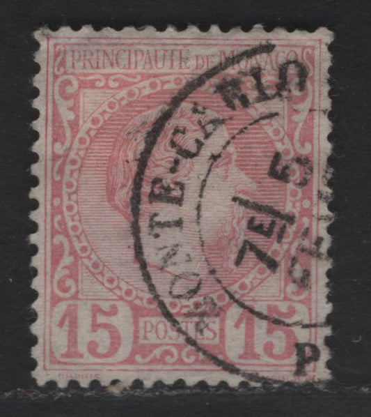 Lot 199 Monaco SC#5 15c Rose Prince Charles III, 1885 Prince Charles III Issue, A Very Fine Used Single, Very Well Centered Example, Scott States That This Quality Warrants A Premium