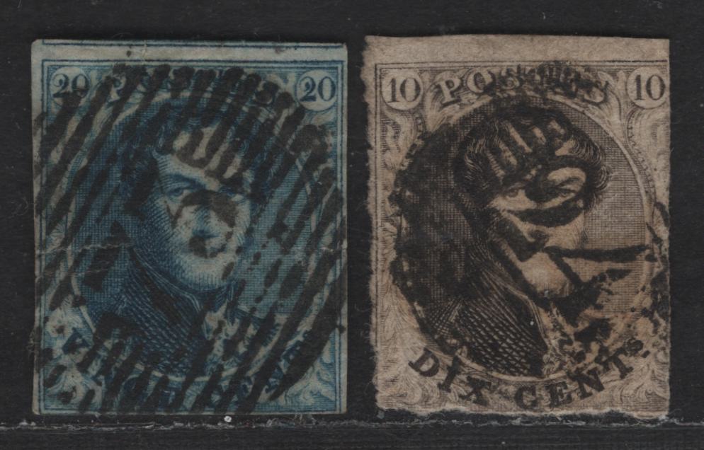 Lot 2 Belgium SC#3a, 4 10c - 20c Brown - Blue Leopold I, 1848-1850 Leopold I Issue, 2 Ungraded Singles, Two L's In Frame Wmk, Horizontal Creas on 20c & 2 Margins On 10c, 10c On Thick Paper, 20c On Thin Paper