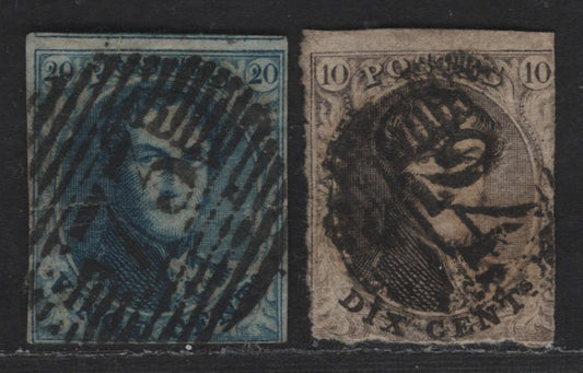 Lot 2 Belgium SC#3a, 4 10c - 20c Brown - Blue Leopold I, 1848-1850 Leopold I Issue, 2 Ungraded Singles, Two L's In Frame Wmk, Horizontal Creas on 20c & 2 Margins On 10c, 10c On Thick Paper, 20c On Thin Paper