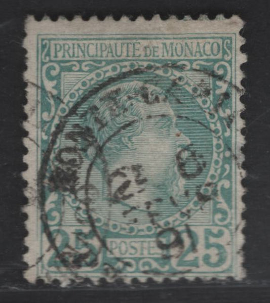Lot 202 Monaco SC#6 25c Green Prince Charles III, 1885 Prince Charles III Issue, A Fine Used Single, Two Short Perfs