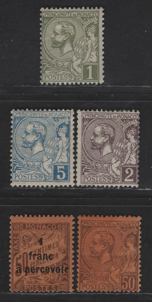 Lot 203 Monaco SC#11-13, 23, J27 1c - 1fr on 50c Olive Gren - Brown on Orange Prince Albert I Sideface, 1891-1921 Prince Albert I Sideface & Postage Due Issues, 6 FOG Singles