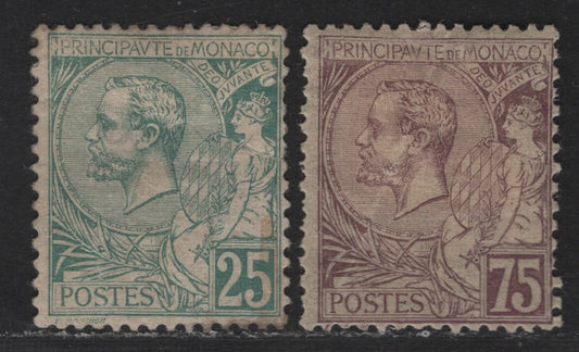 Lot 206 Monaco SC#20, 24 25c & 75c Green - Violet Brown on Buff Prince Albert I, 1891-1921 Prince Albert I Sideface Issue, 2 G/VGOG Singles, Both Stamps With Creases, Showing Through On 75c, But Not On 25c