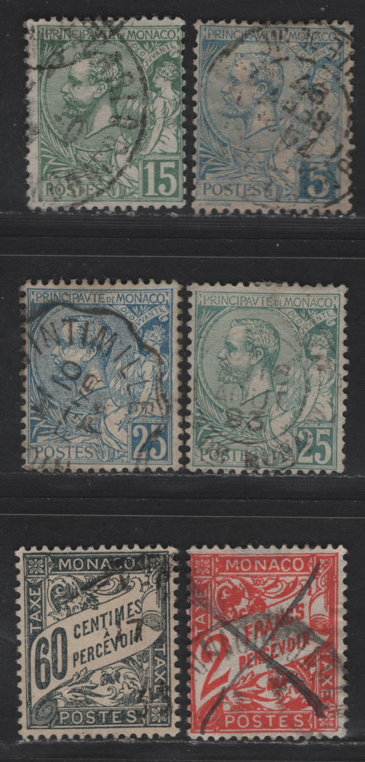 Lot 207 Monaco SC#13, 19-21, J14, J11 5c - 2fr Blue - Vermillion Prince Albert I, 1891-1921 Prince Albert I Sideface & Postage Due Issues, 6 Fine/Very Fine Used Singles
