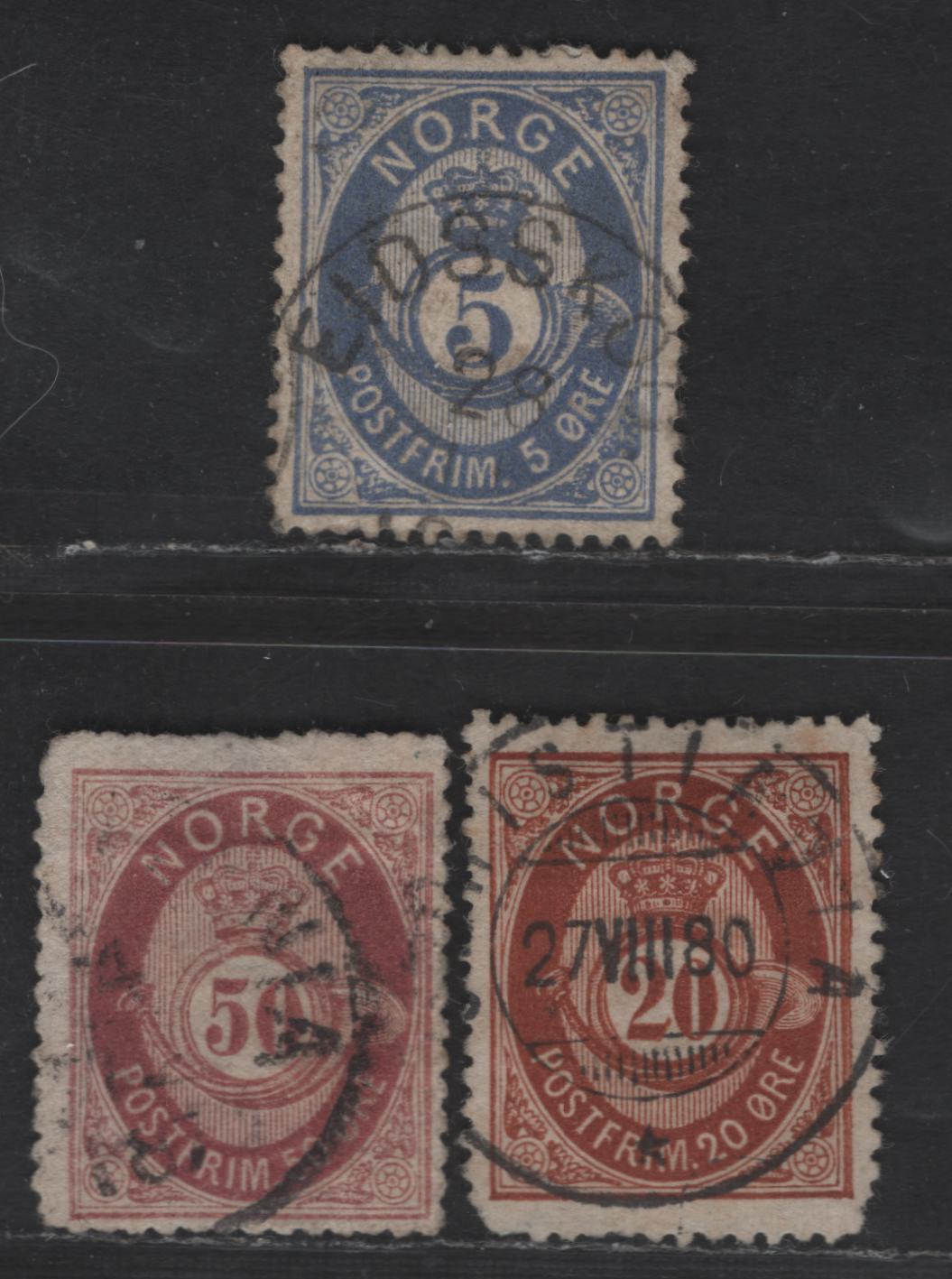 Lot 215 Norway SC#24a, 27, 30 5o - 50o Dull Blue - Maroon Posthorn, 1877-1878 Sans-Serif 'Norge' & Shaded Posthorn Issue, 3 Very Good Used Singles, Tear At Lower Left Of 5o