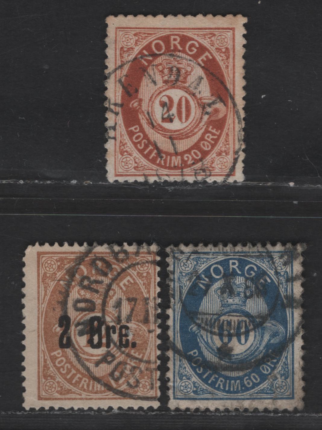 Lot 216 Norway SC#27, 31, 46a 2o - 2o on 12o Orange Brown - Bistre Brown Posthorn, 1877-1878 Sans-Serif 'Norge' & Shaded Posthorn Issue, 3 Fine Used Singles