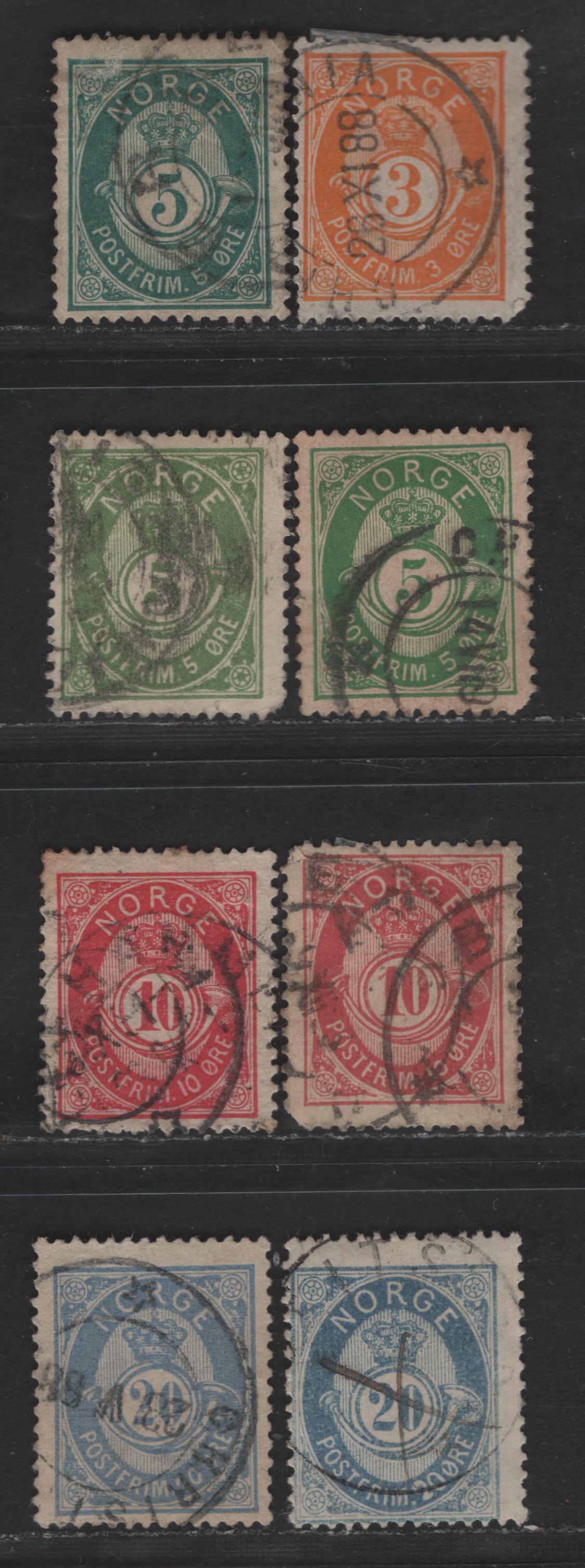 Lot 217 Norway SC#38a, 39, 39c, 40, 40b, 44 3o - 20o Orange - Blue Posthorn, 1882-1893 Sans-Serif 'Norge' Shaded & Unshaded Posthorn Issues, 8 Very Good Used Singles, Small Thin On One 20o