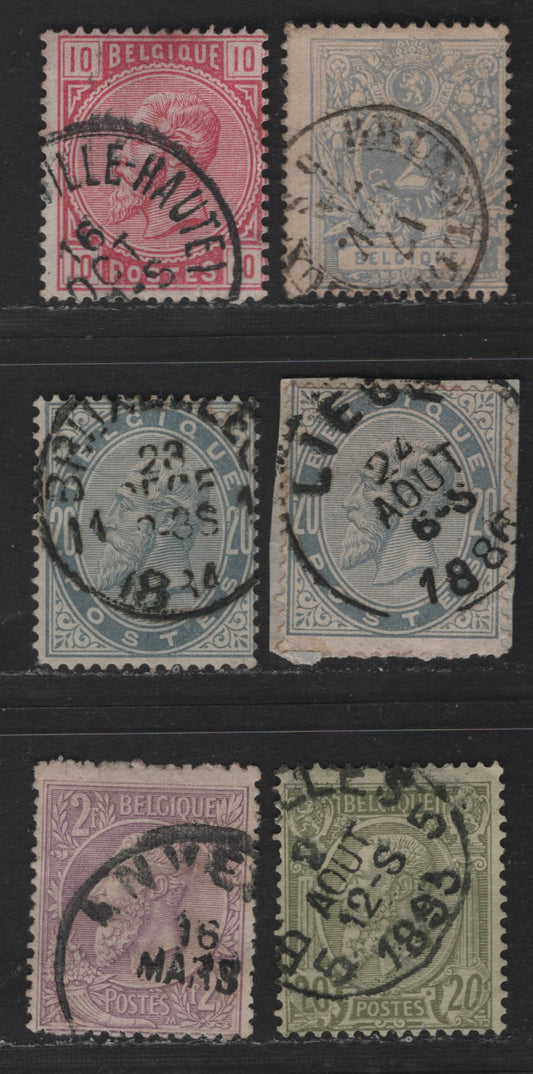 Lot 22 Belgium SC#41, 45a, 56, 59, 46a 2c - 2fr Light Ultramarine - Pale Lilac Leopold II, 1881-1891 Leopold II Sideface Issue, 6 Fine Used Singles