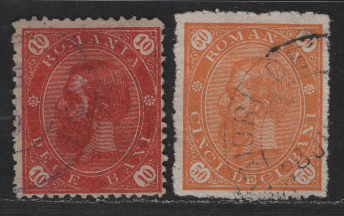 Lot 222 Romania SC#97, 100 10b & 50b Red - Orange King Carol I, 1890 King Carol Issue, A Fine Used Single