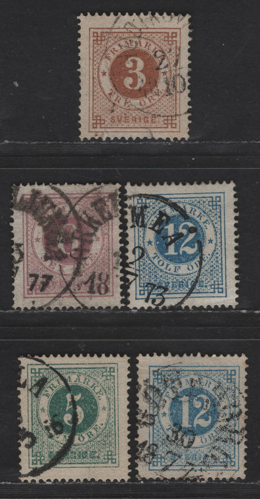 Sweden SC#17, 20, 22, 19 5o - 60o Blue Green - Violet Numeral, 1872-1877 Numeral Issue, 5 Very Fine Used Singles, Perf 14