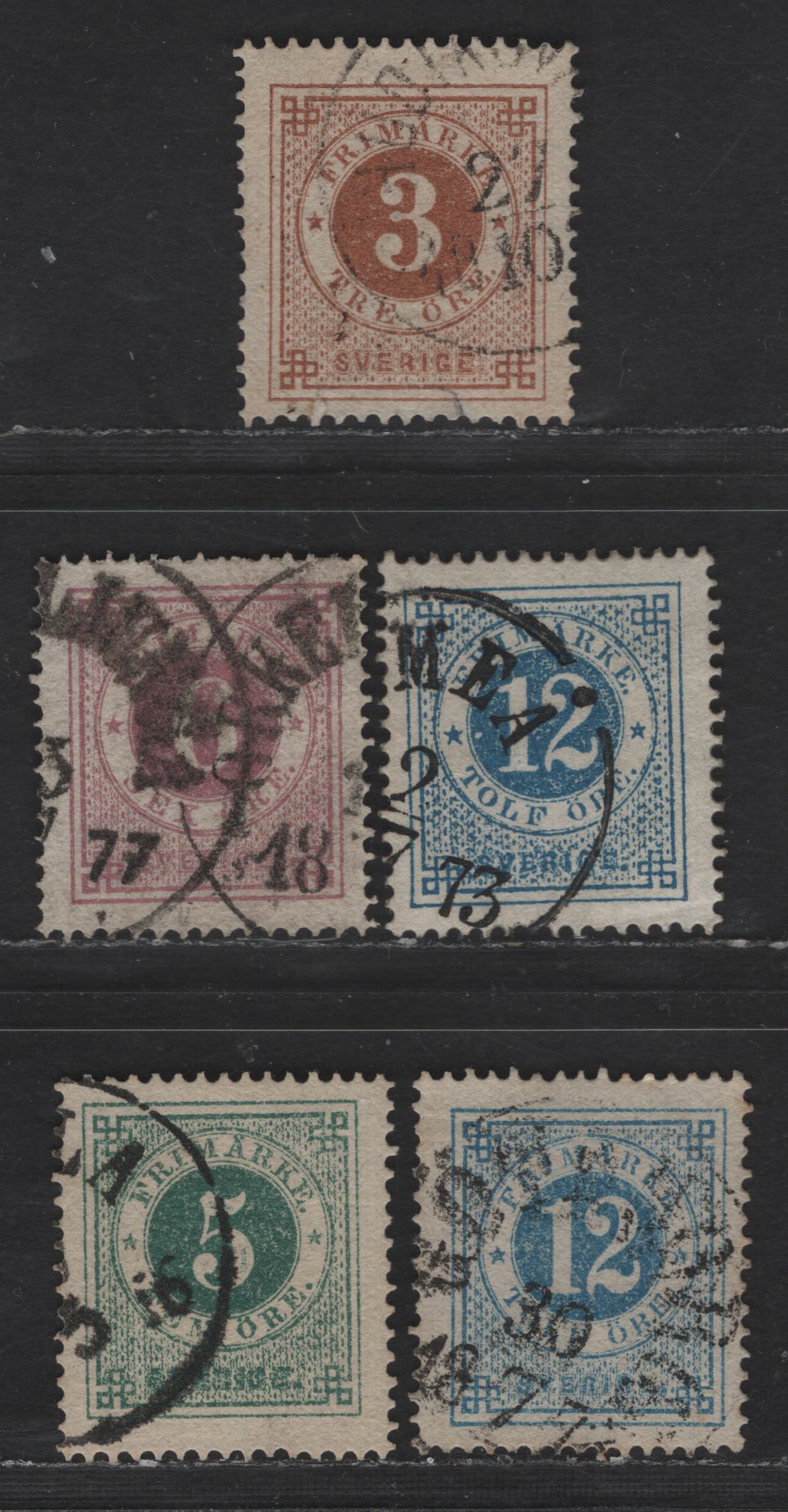 Lot 234 Sweden SC#17, 20, 22, 19 5o - 60o Blue Green - Violet Numeral, 1872-1877 Numeral Issue, 5 Very Fine Used Singles, Perf 14