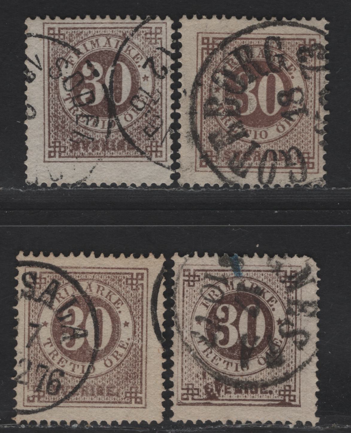 Sweden SC#25 30o Brown Numeral, 1872-1877 Numeral Issue, 4 Fine Used Singles, Four Different Shades, Perf 14