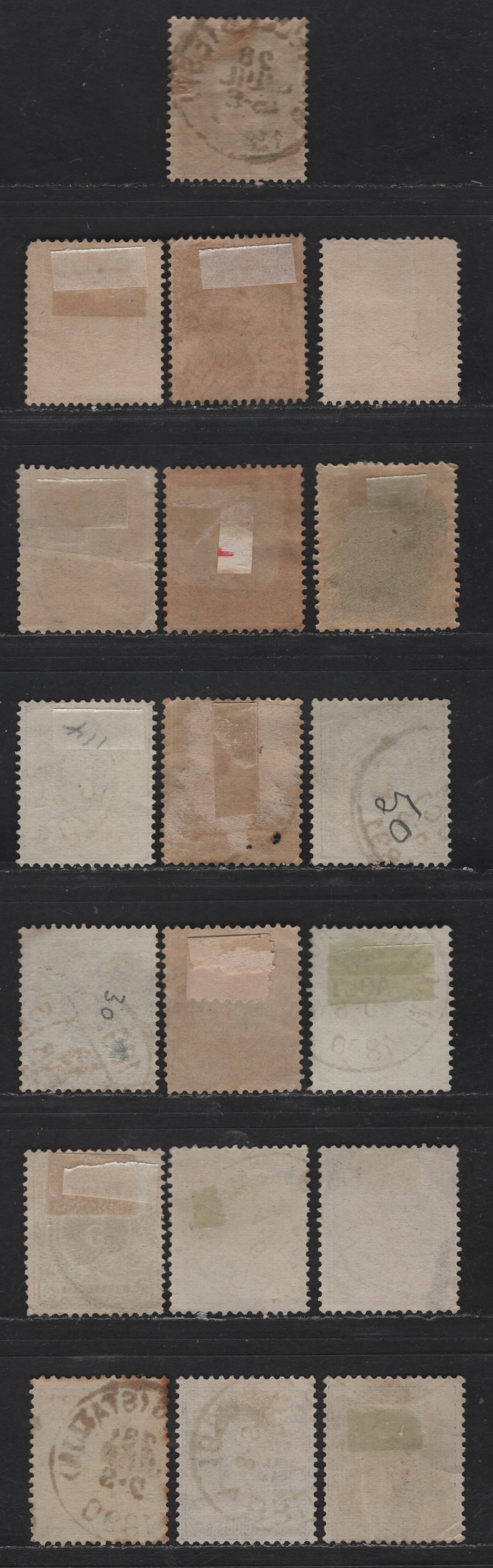 Lot 24 Belgium SC#32, 40, 43, 58, 50, 51-53a 1c - 50c Gray Green - Bistre on Yellowish Leopold II & Numerals, 1869-1885 Leopold II Sideface & Numeral Issues, 20 Fine Used Singles, Shade Variations