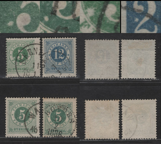 Sweden SC#30, 32 5o - 12o Dark Green - Blue Numeral, 1877-1879 Numeral Issue, 4 Fine/Very Fine Used Singles, Printing Flaws In Medallion