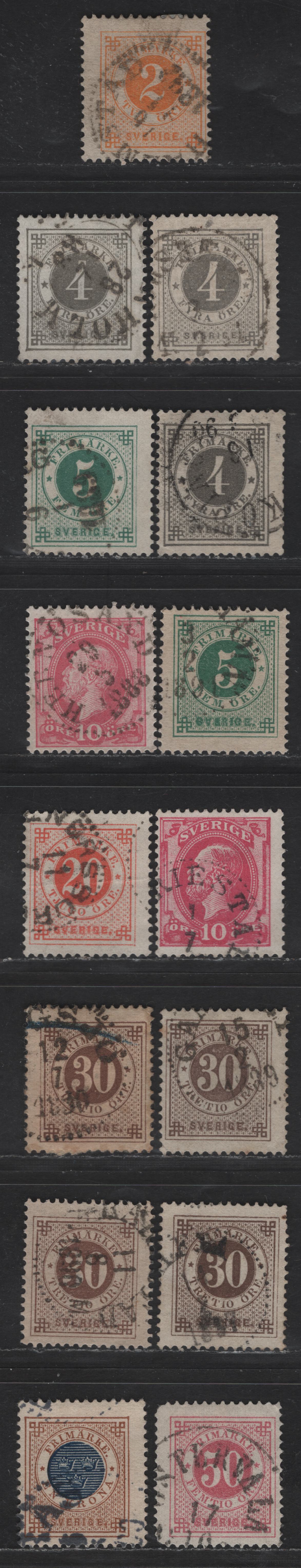 Lot 242 Sweden SC#40, 42-43, 45-a, 46-49 2o - 1k Orange - Bister & Dark Blue Numeral, 1886-1891 Numeral Issue With Posthorn On Back, 15 Fine Used Singles, Includes Several Shades