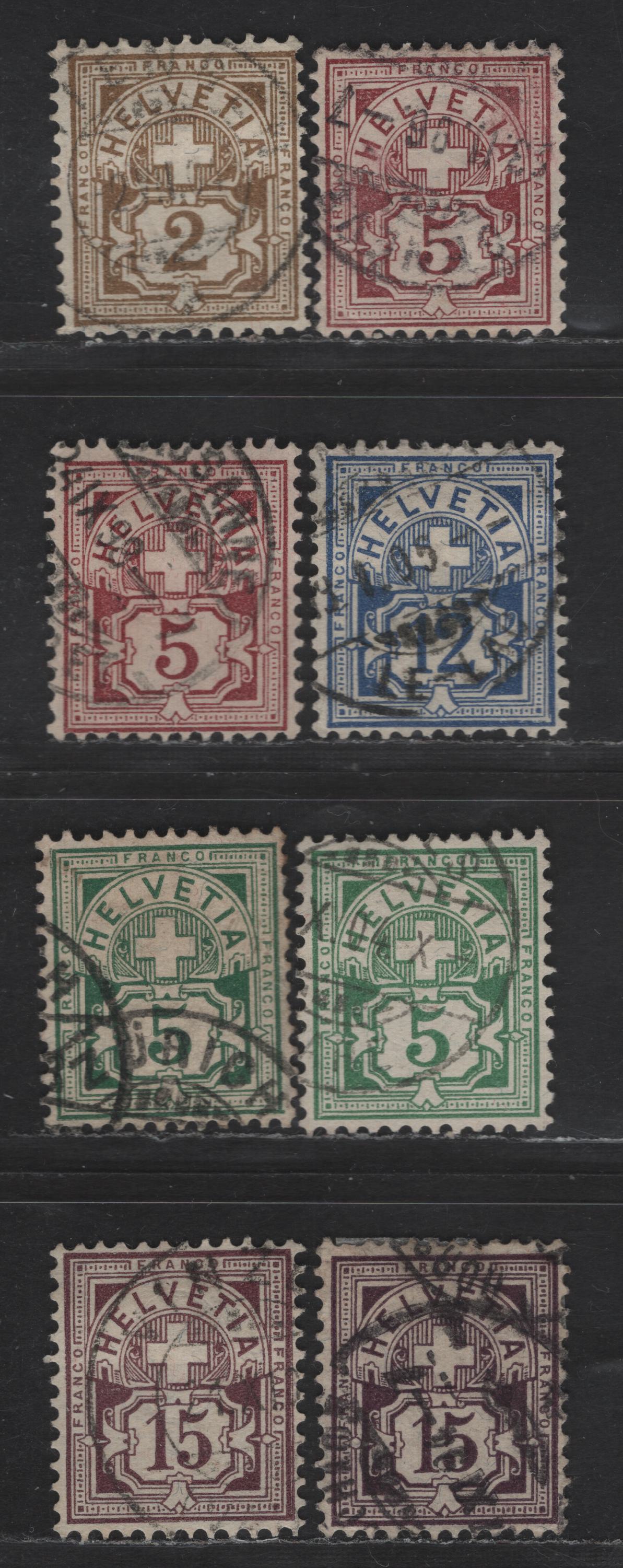 Lot 270 Switzerland SC#69, 71-72, 74, 76-a 2c - 15c Bistre - Brown Lilac Numeral, 1882-1899 Numeral Issue, 8 Fine/Very Fine Used Singles, Wmk 182, Type 2, Granite Paper, Some Unlisted Shades
