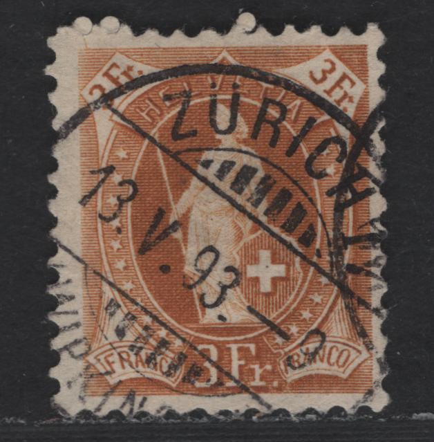 Lot 275 Switzerland SC#88 3fr Yellow Brown Helvetia, 1882-1904 Standing Helvetia Issue, A Fine Used Single, Wmk 182, Type 1, Perf 11.75