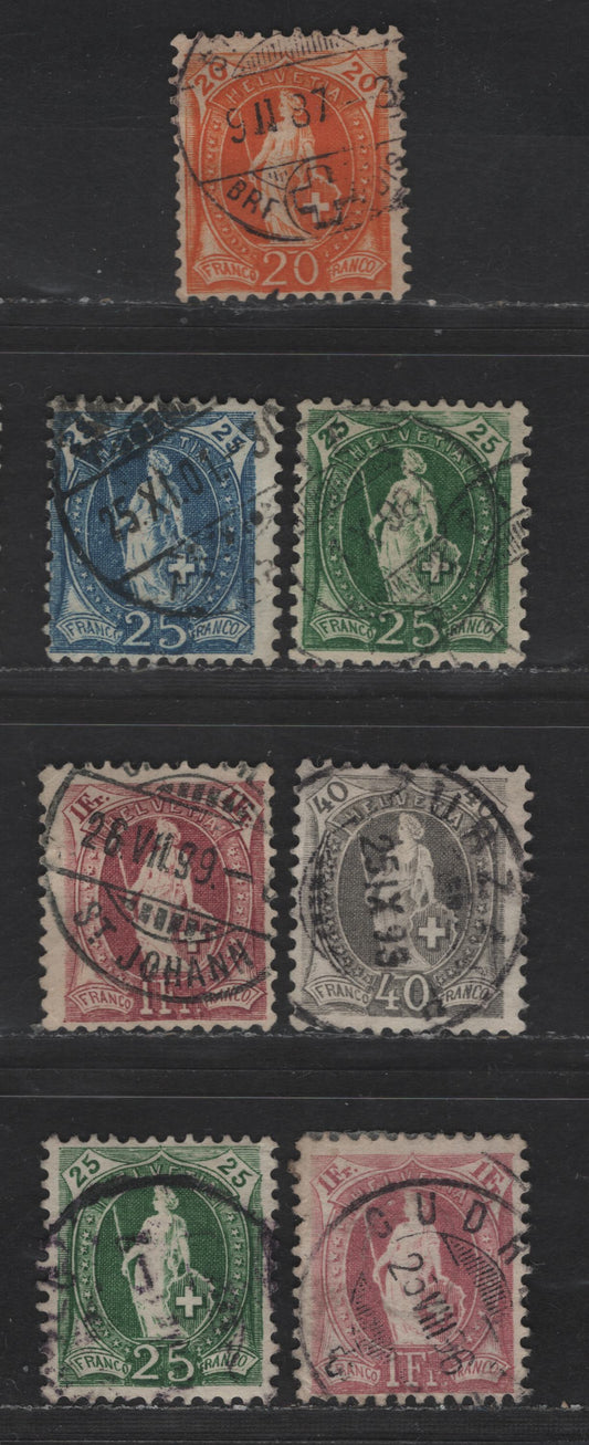 Lot 277 Switzerland SC#82-83, 94, 84a, 87a, 83a 20c - 1fr Orange - Claret Helvetia, 1882-1903 Standing Helvetia Issue, 7 Fine Used Singles, Wmk 182, Types 1 & 2, Perfs 11.5 & 11.5x11