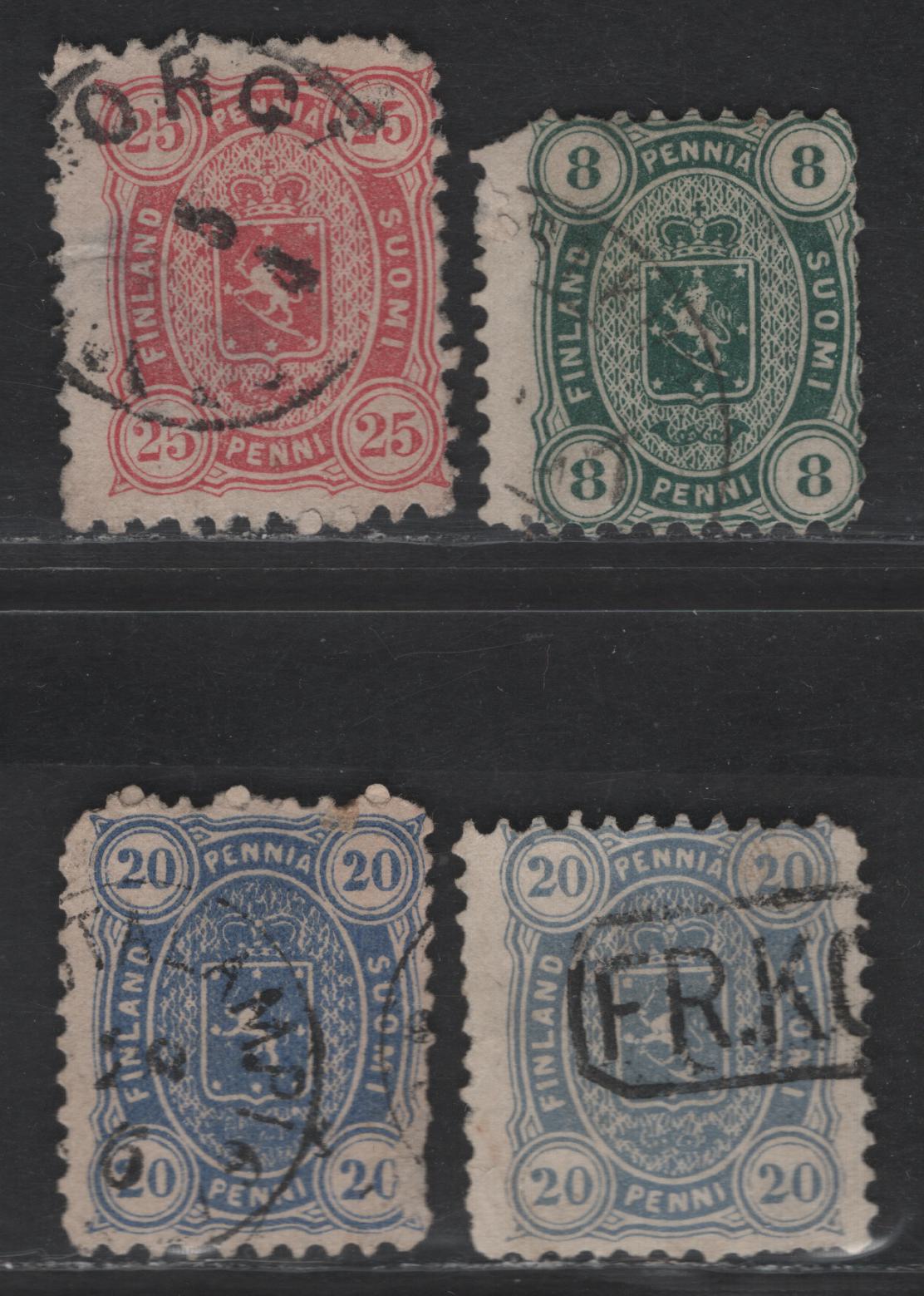 Lot 38 Finland SC#19, 22a, 21-a 8p - 20p Blue Green - Blue Arms, 1875-1882 Arms Issue, 4 Ungraded Singles, Penni Currency, Perf 11, All With Faults