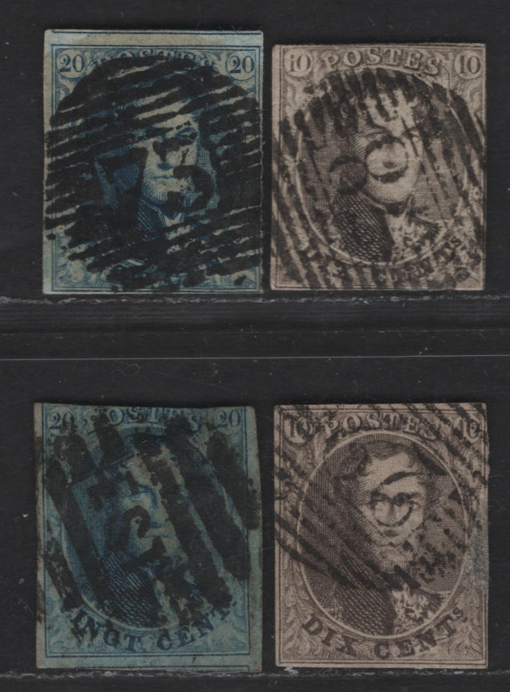 Lot 4 Belgium SC#6-7, 6b-7b 10c - 20c Brown - Blue Leopold I, 1851-1854 Leopold I Issue, 4 Ungraded Singles, Both Values On Thick & Medium Path Faults, Useful For Reference