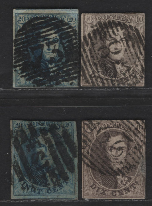 Lot 4 Belgium SC#6-7, 6b-7b 10c - 20c Brown - Blue Leopold I, 1851-1854 Leopold I Issue, 4 Ungraded Singles, Both Values On Thick & Medium Path Faults, Useful For Reference