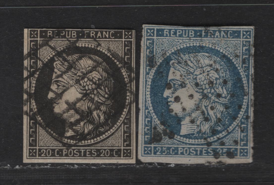 Lot 45 France SC#3, 6a 20c - 25c Black On Yellow - Blue on Bluish Ceres, 1849-1850 Imperf Ceres Head Issue, 2 Very Good Used Singles, 3 Margins on 20c & 4 Margins on 25c (Very Close), Small Crease On Top Of 25c