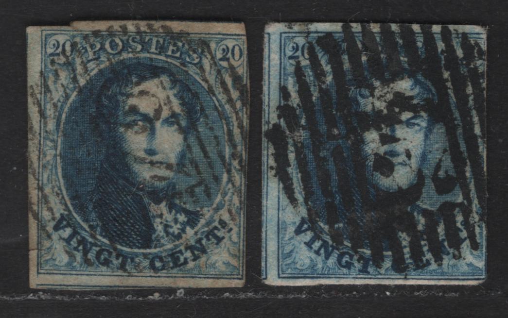 Lot 5 Belgium SC#7, 7b 20c Blue & Deep Blue Leopold I, 1851-1854 Leopold I Issue, 2 Fine Used Imperf Singles, Thick & Medium Paper, Two 3 Margin, Sound Examples, Two L's Without Frame Wmk