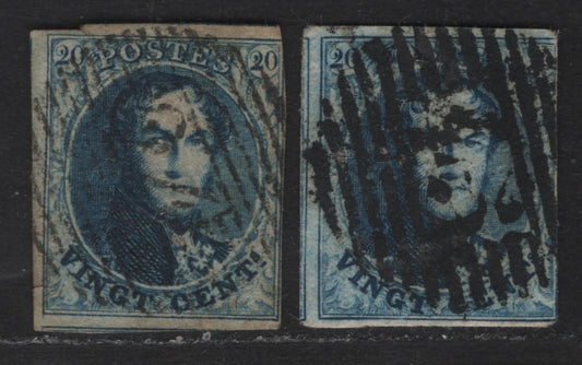 Lot 5 Belgium SC#7, 7b 20c Blue & Deep Blue Leopold I, 1851-1854 Leopold I Issue, 2 Fine Used Imperf Singles, Thick & Medium Paper, Two 3 Margin, Sound Examples, Two L's Without Frame Wmk