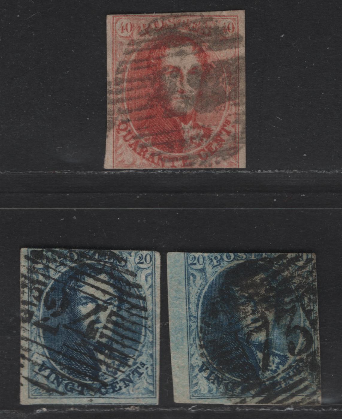 Lot 6 Belgium SC#7, 7b, 8b 20c & 40c Blue - Carmine Rose Leopold I, 1851-1854 Leopold I Issue, 3 Very Good/Fine Used Imperf Singles, Thick & Medium Wove Papers, Sound Examples