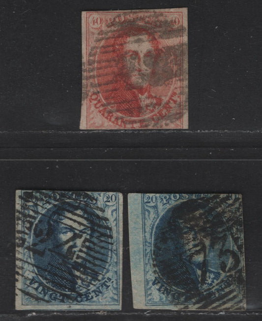 Lot 6 Belgium SC#7, 7b, 8b 20c & 40c Blue - Carmine Rose Leopold I, 1851-1854 Leopold I Issue, 3 Very Good/Fine Used Imperf Singles, Thick & Medium Wove Papers, Sound Examples