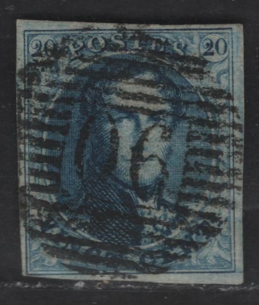Lot 7 Belgium SC#11b 20c Blue Leopold I, 1858 Leopold I Issue, A Very Fine Used Imperf Single, Unwatermarked, 16.5mm Tall Oval, Full Margins, Though Close IN LL Corner, Moldeak #106 Numeral Cancel