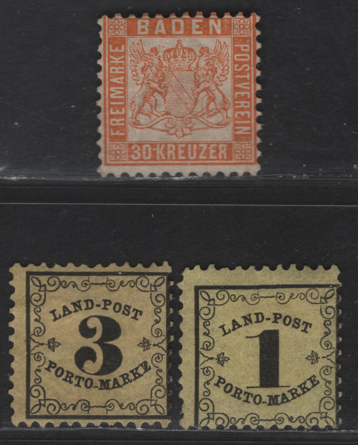 Lot 77 German States - Baden SC#25, LJ1-LJ2 30kr - 1kr Deep Orange - Black On Yellow Arms, 1862-1865 Arms & Rural Postage Dues Issues, 3 FOG & Unused Singles