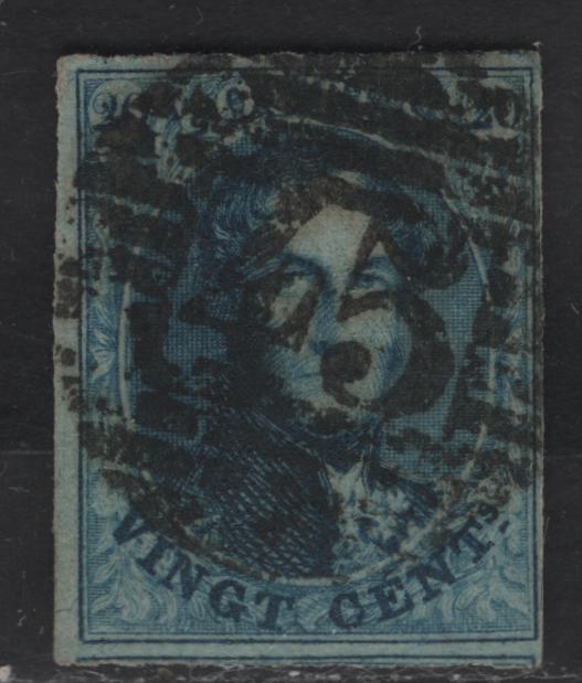 Lot 8 Belgium SC#11a 20c Dark Blue Leopold I, 1861 Leopold I Issue, A Very Fine Used Imperf Single, Unwatermarked, 17.5mm Tall Oval, 4 Margins, Moderate to Heavy '45' Numeral Cancel