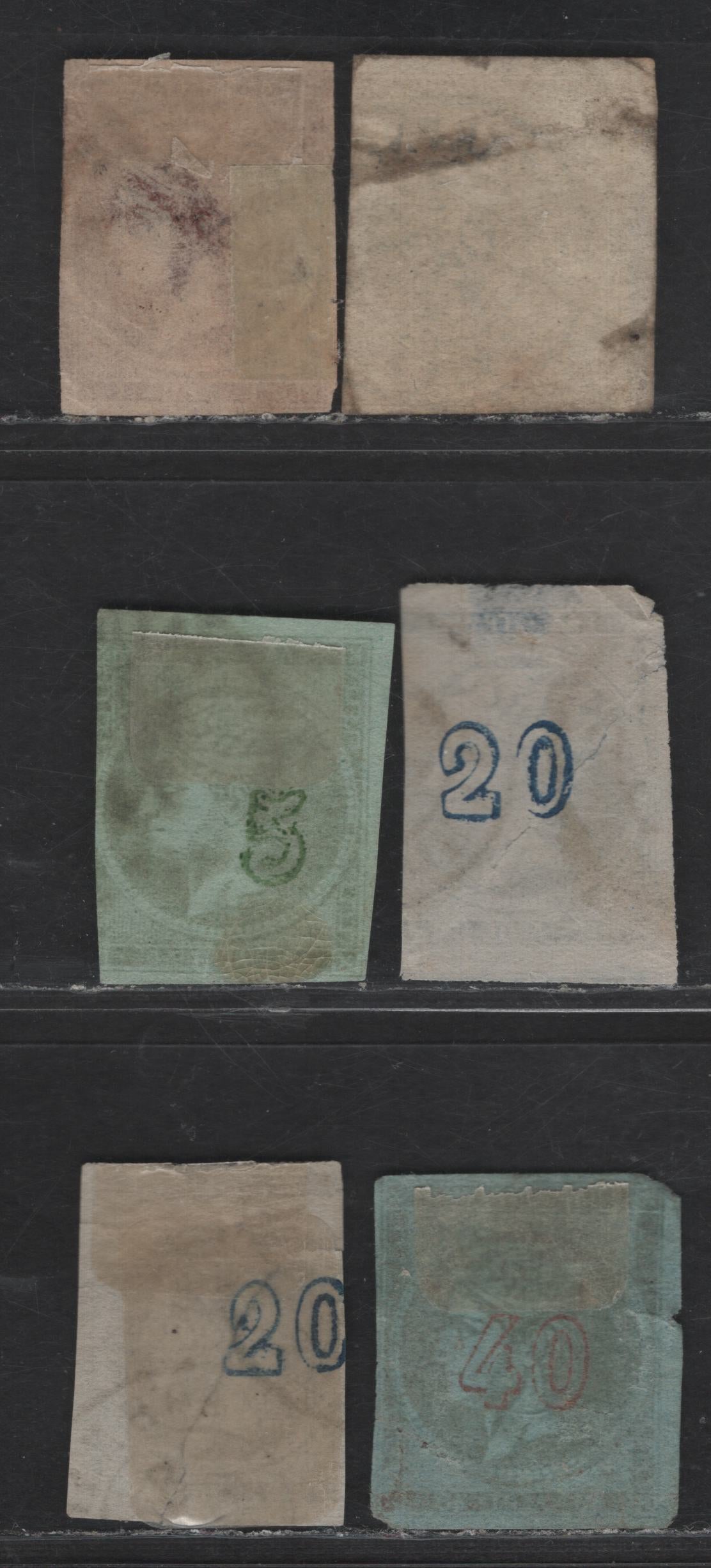 Lot 95 Greece SC#33, 38a, 39, 41, 41a, 42 40l - 1l Brown on Bluish - Brown Hermes Head, 1870-1872 Large Hermes Heads Issue, 6 Ungraded Singles, Reference Lot Of 6 Post-Cleaned Plate Printings, Without Mesh (2l) & Clear Mesh (Rest)