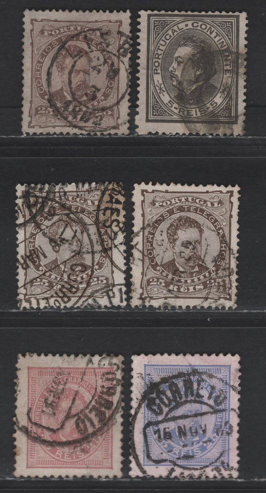 Lot 171 Portugal SC#52, 60b-d, 65-66 5r - 25r Black - Lilac Rose King Luiz, 1882-1887 King Luiz 3/4 Face Portraits & Sideface Issues, 6 Fine/Very Fine Used Singles, Perfs 12.5 & 13.5, Plan & Enamel Surfaced Papers