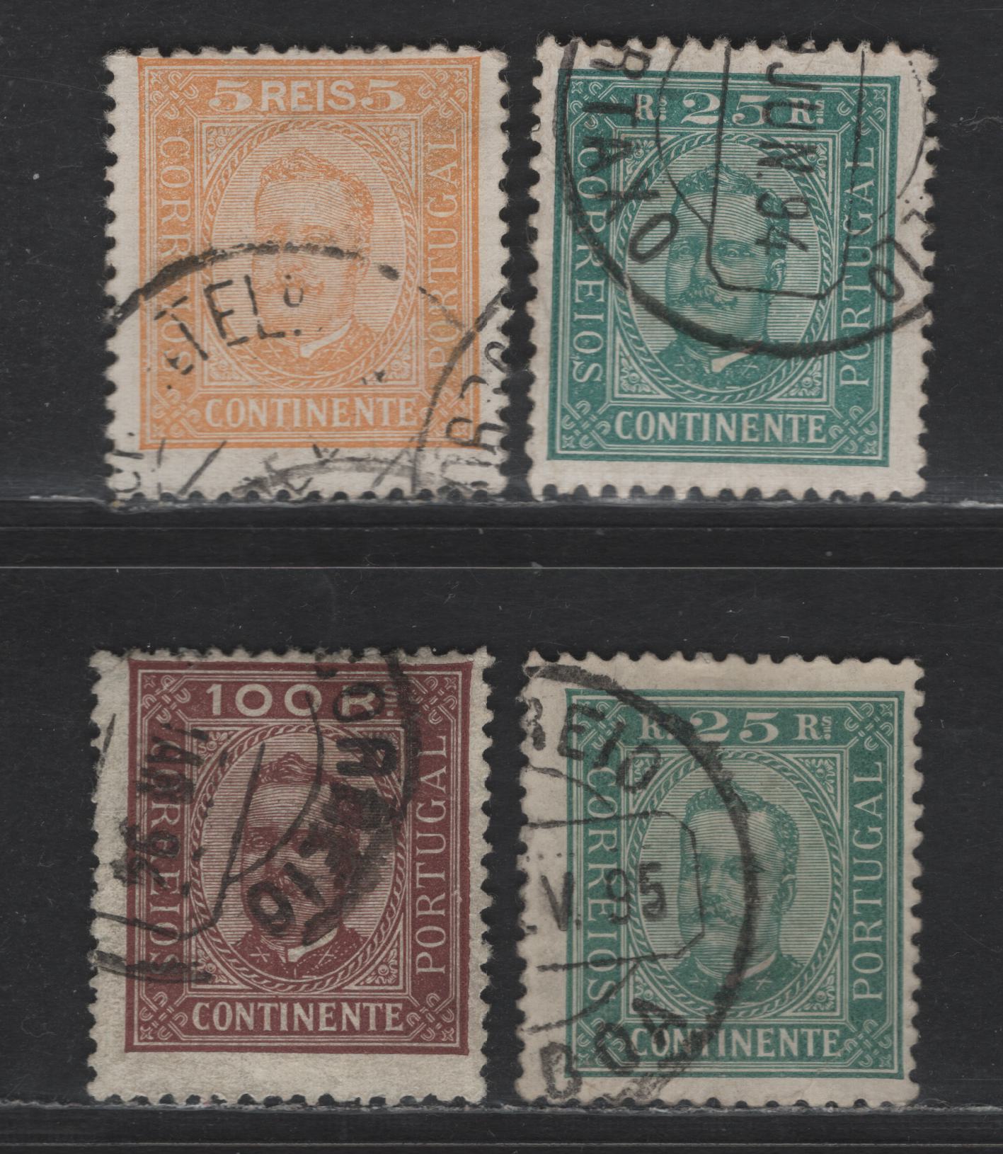 Lot 173 Portugal SC#71, 67a, 71a, 75 5r - 100r Orange Yellow - Brown on Buff King Luiz, 1892-1893 King Luiz Full Face Portraits Issue, 4 Fine Used Singles, Perfs 11.5 & 12.5, Enamelled & Chalky Papers