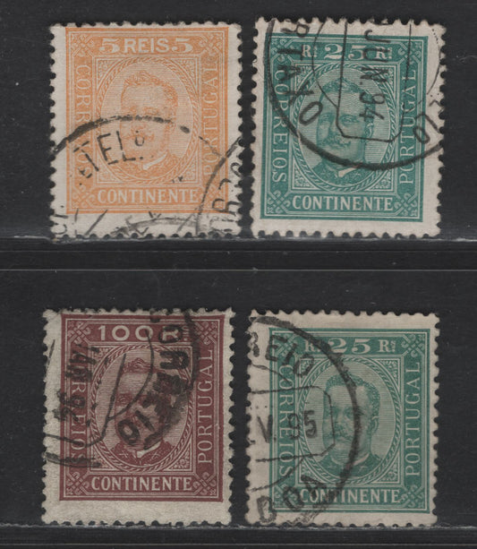 Lot 173 Portugal SC#71, 67a, 71a, 75 5r - 100r Orange Yellow - Brown on Buff King Luiz, 1892-1893 King Luiz Full Face Portraits Issue, 4 Fine Used Singles, Perfs 11.5 & 12.5, Enamelled & Chalky Papers